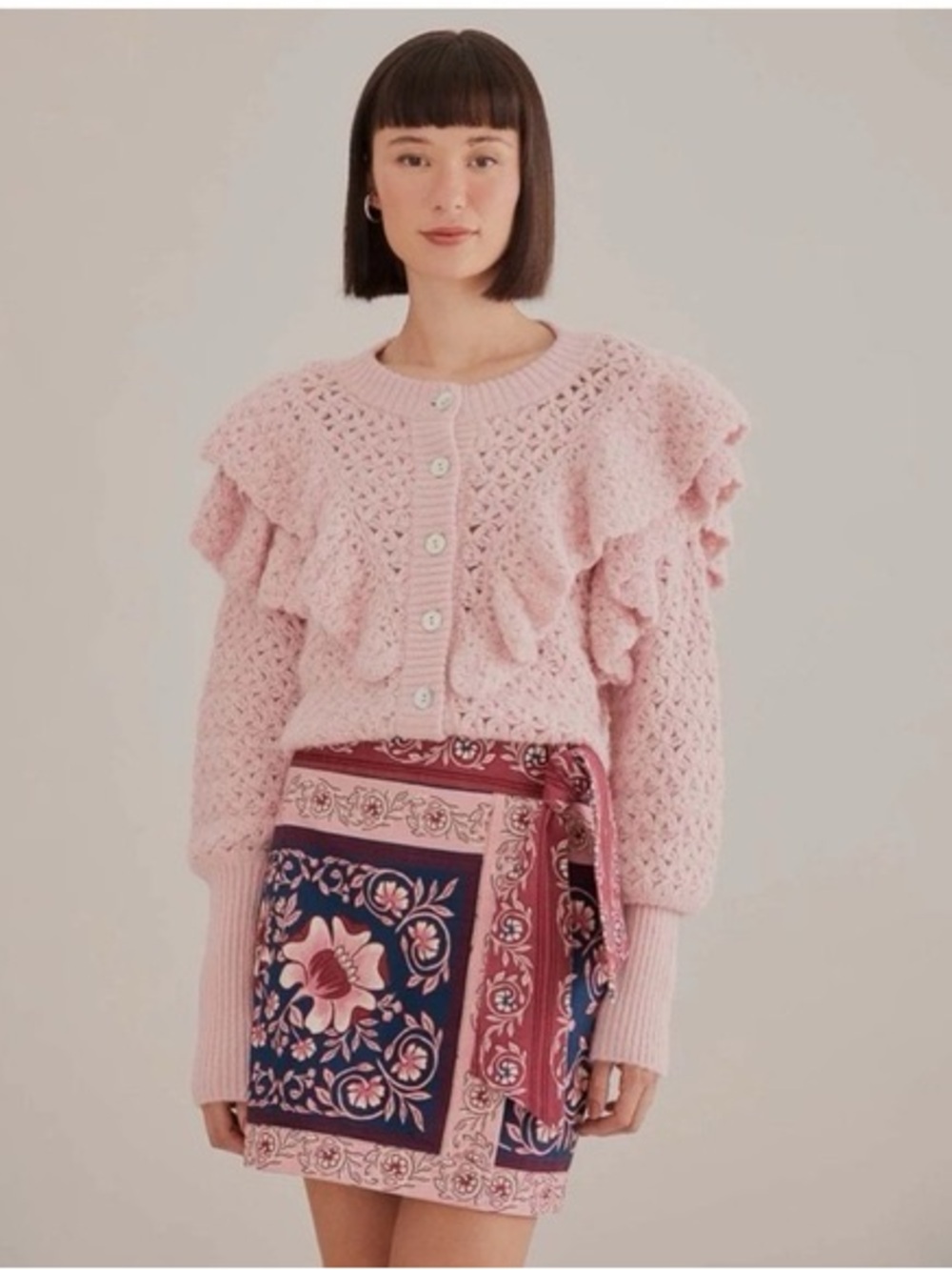FARM Rio Ruffled Knit Cardigan Sweater